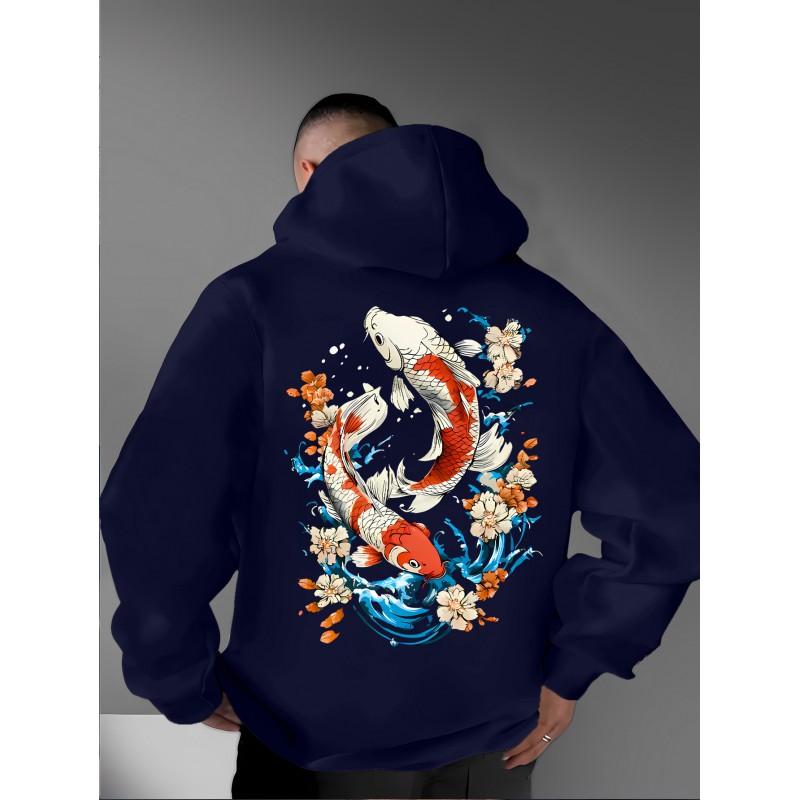 Unisex Oversized Hooded Sweatshirt With Japanese Ukiyo-e Cherry Blossom Koi Fish Print Soft Fleece-Lined Casual Top