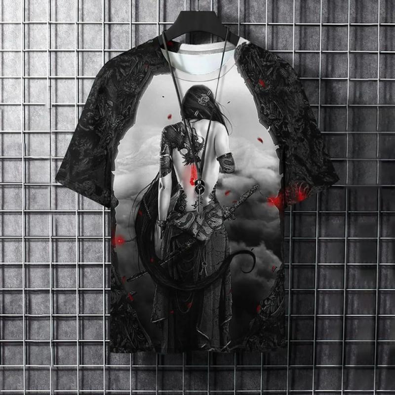 Letní pánské tričko Móda Samuraj Tetování 3D tisk Grafický Trend Neformální Harajuku Streetwear Oblečení do O výstřihu Hip Hop Velké oblečení