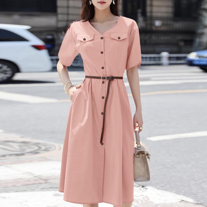 ZANZEA Women Casual V-Neck Solid Color Short Sleeve Dress