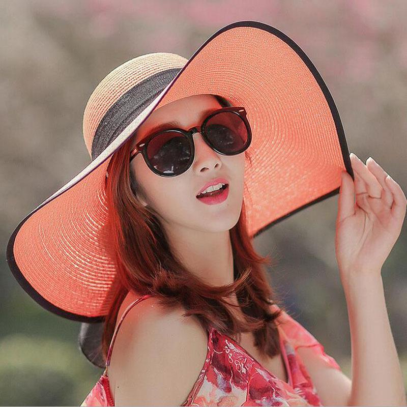 Sun hat women's summer tide versatile sunscreen outdoor outing big edge sun hat foldable seaside beach butterfly straw hat