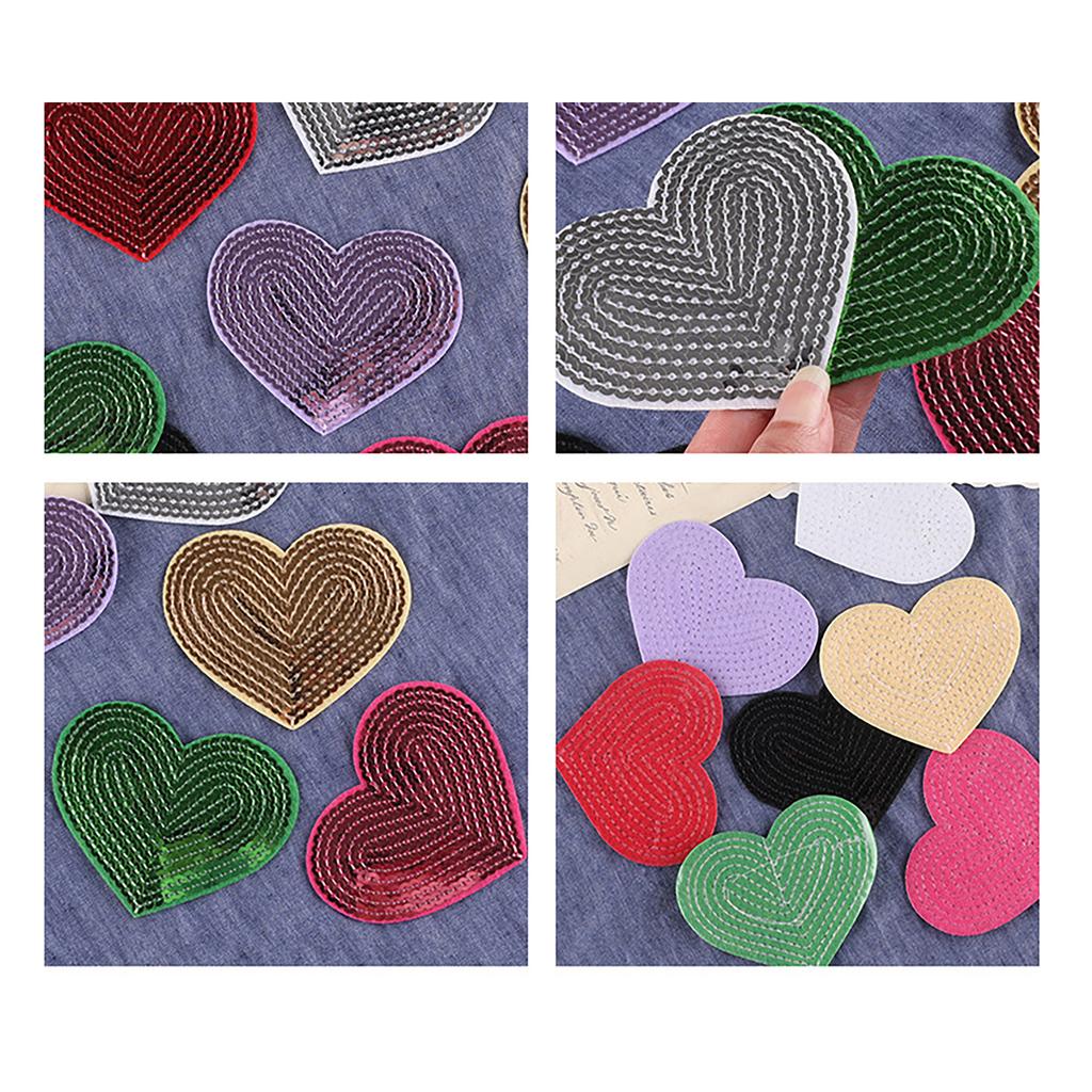 10 Pcs Heart Shape Iron On Patches Sewing On Applique Embroidered Heart Patches Sequins Patches for Clothes Bag Coats