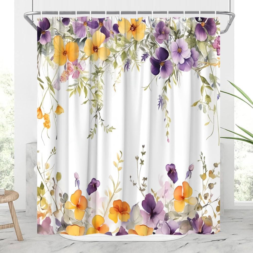 Spring Rustic Floral Shower Curtain Farm Watercolor Yellow Purple Flower Leaves Rustic Farmhous Wildflower Watercolor Blossom 90x180CM