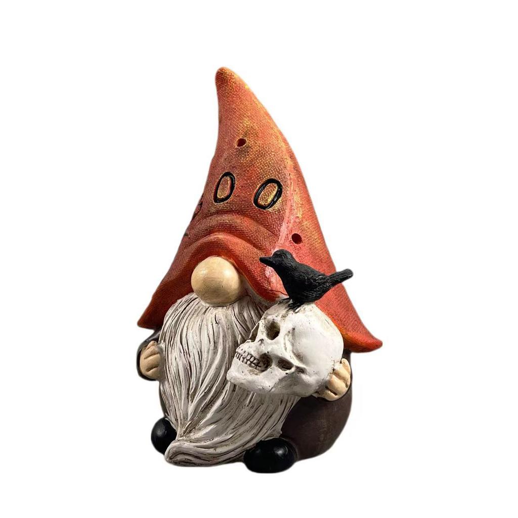 Halloween Gnome Figurine Resin Sculpture with Skull and Crow Micro Landscape Decoration for Indoor Outdoor Display