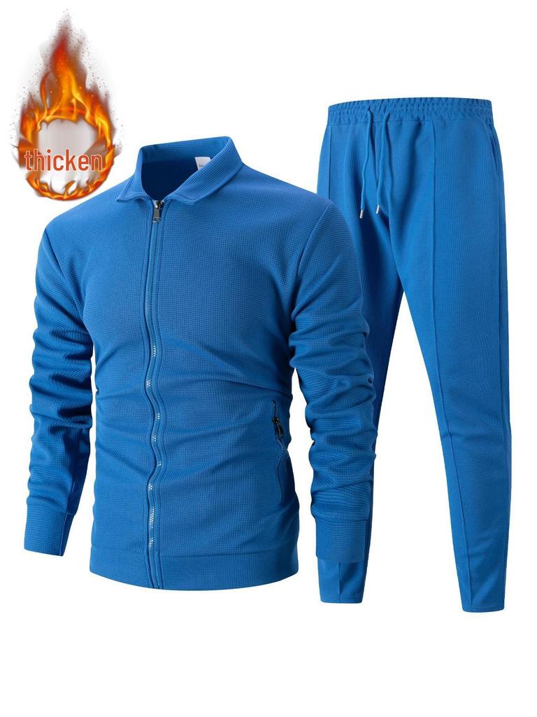 2025 Men's Slim Fit Cardigan Jacket Set with Waffle Knit, Zipper Pocket, and Lapel Collar for Spring and Autumn