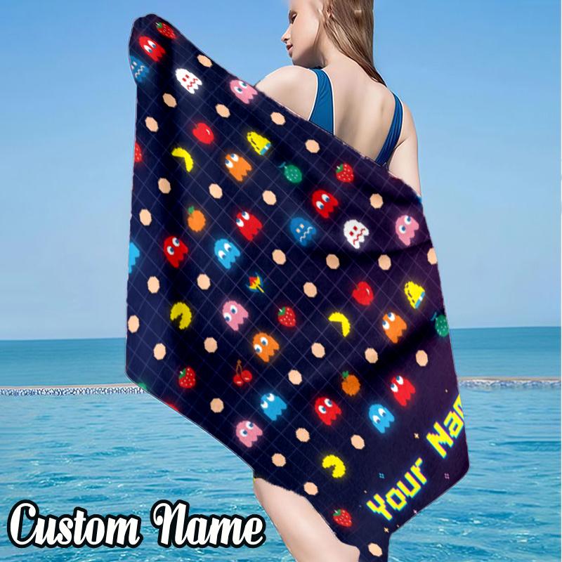 Custom Name Pac Game Beach Towel - Soft, Ultra-Absorbent Microfiber, Lightweight, Perfect for Beach, Parties, Travel, Camping