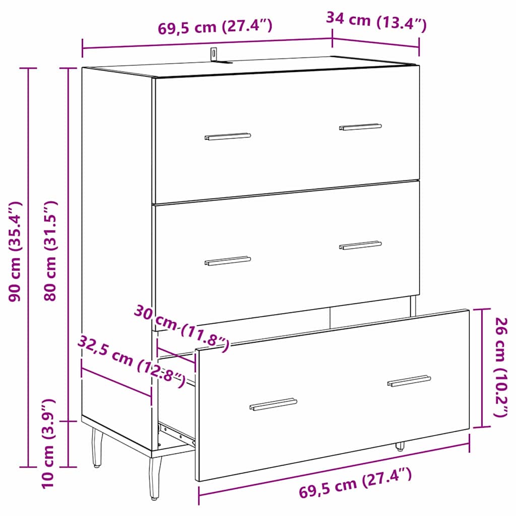Sideboard with Drawers Black Oak Effect 69.5 x 34 x 90 cm