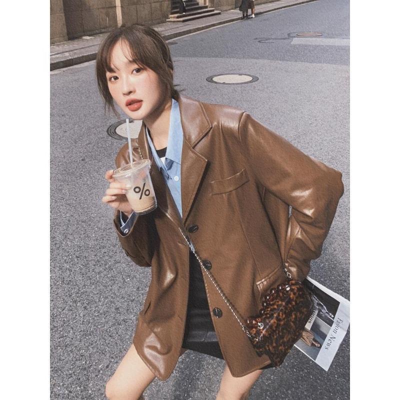 Coffee leather jacket women's spring and autumn new fashion loose small suit feeling blazer leather
