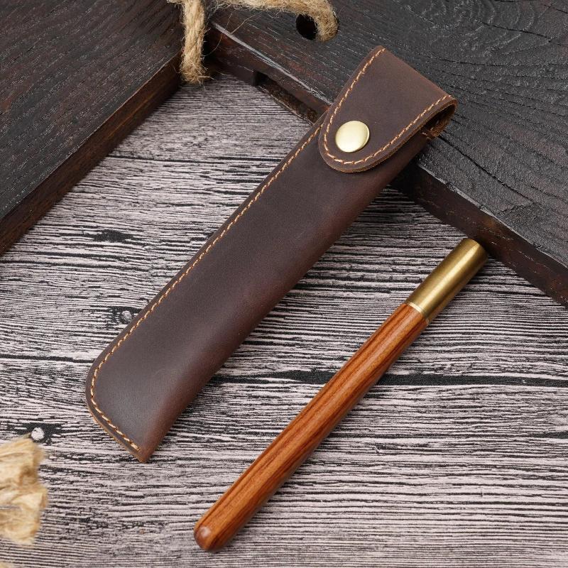 Pu Leather Pen Holder Brass Snap Closure Fine Stitching Office School Use Gifts For Writers Students