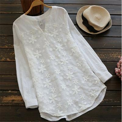Mode Elegant Spitze Bestickt Damen Langarmshirt Übergröße V-Ausschnitt Locker Lässig Damenoberteil Schlichtes Weißes Büro-T-Shirt Damenbekleidung