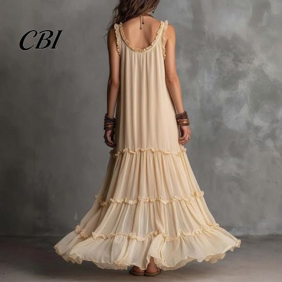 Abito estivo con texture morbida, a balze a più strati, svasato per donna, Boho Beach, traspirante, gonna in chiffon, maxi abito estivo fluttuante, senza maniche, linea ad A, ampio, lungo, da donna