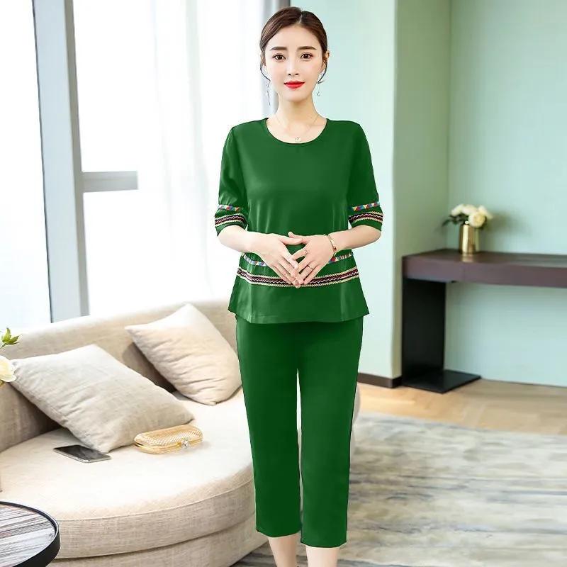 

Женский летний комплект из двух предметов в этническом стиле больших размеров, топ с круглым вырезом и рукавами средней длины + брюки 7 Points XS темно-зеленого