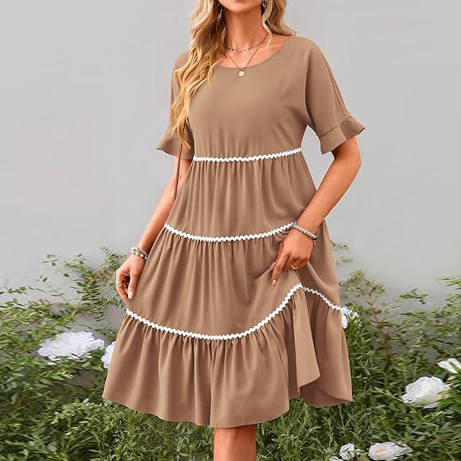 

Женское модное однотонное свободное пляжное платье с круглым вырезом и плиссированным кружевом с короткими рукавами XL хаки