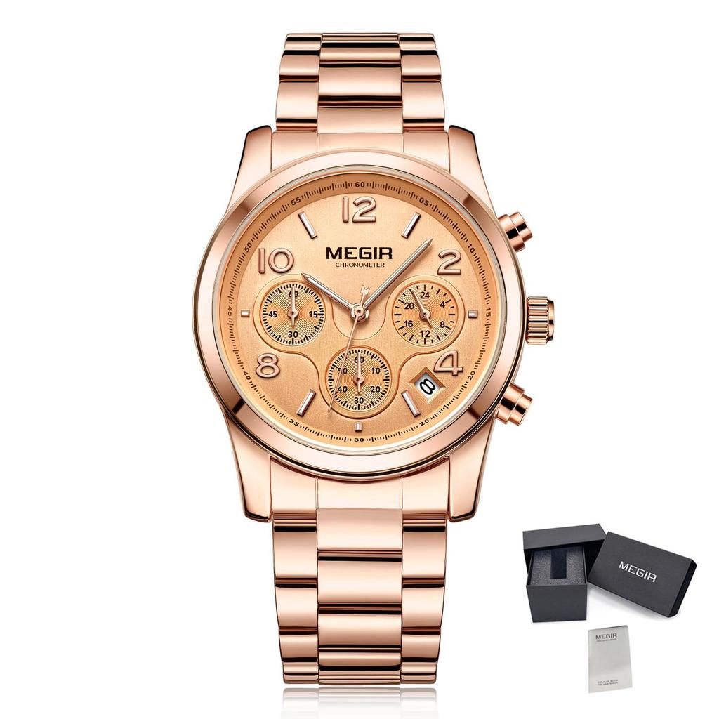 MEGIR Luxury Women Watch Fashion Brand Quartz Chronograph Elegant Ladies Wristwatch Stainless Steel Waterproof Dress Clock 2057