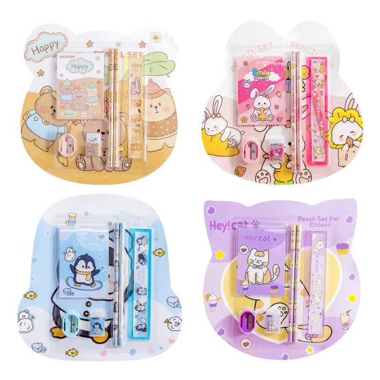 6Pcs/Set Kids Cartoon Stationery Set with 2 Pencils Eraser Sharpener Ruler Notebook Students School Supplies Classroom Prizes Children's Day Gifts