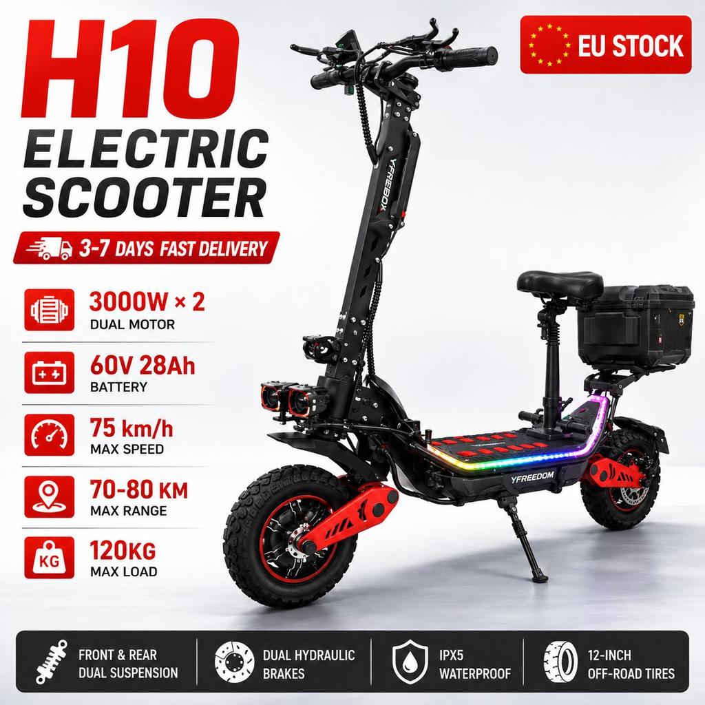FREEBOY H10 Electric Scooter 6000W Dual Motor 60V 28AH Battery Hydraulic Braking Slap Toolbox E-scooter Speed 75 Km/h 12 "Tires
