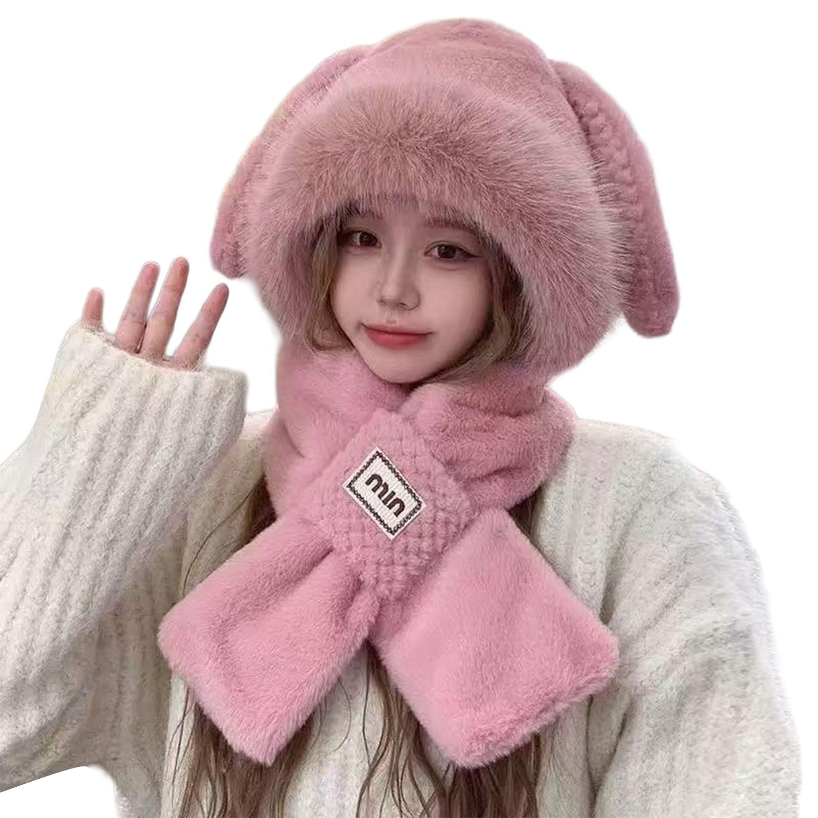 

Women s Fleece Bunny Ear Hat Scarf Cute Animal Earmuffs with Neck Warmer Winter Soft Plush Beanie with Long Ears рожевий