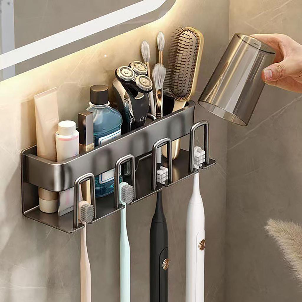 Toothbrush Holder Rack Punch Free Wall Mounted Space Saving Electric Toothbrush Hanger Rack Bathroom Accessories Gray 3