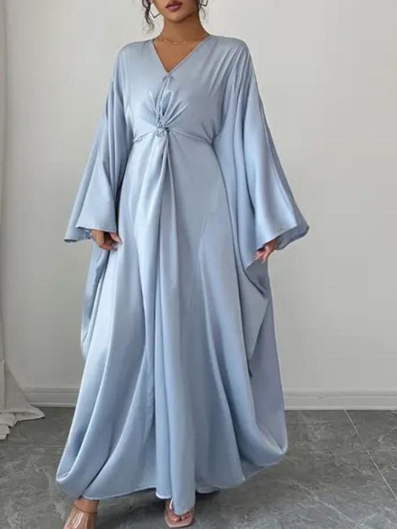 Elegant V-Neck Satin French Dress with Batwing Sleeves and Waist-Cinching Design