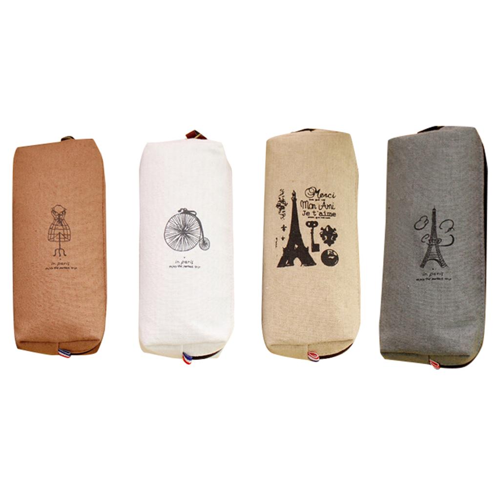 Grid Organizer Burlap Pencil Case Cosmetic Pouch Stationery Storage Makeup Bag