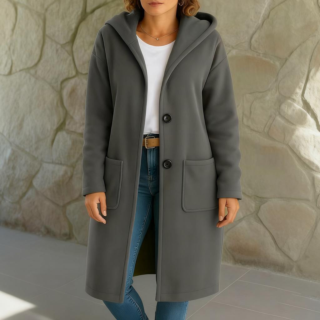 Women's Fashionable Solid Color Long Sleeved Button Hooded Pocket Minimalist Woolen Jacket