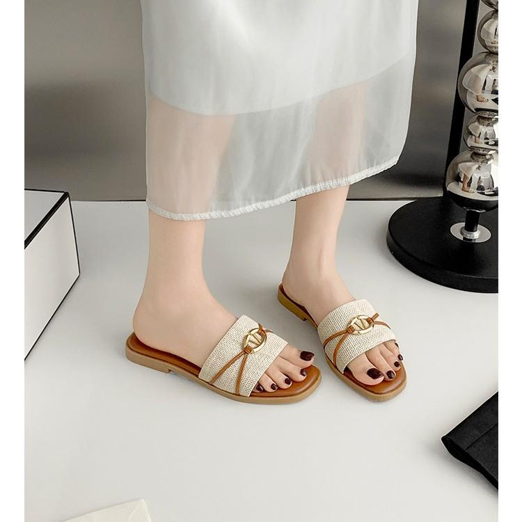 French square head casual versatile word with slippers women's summer wear fashion vacation beach travel flat bottom slippers women