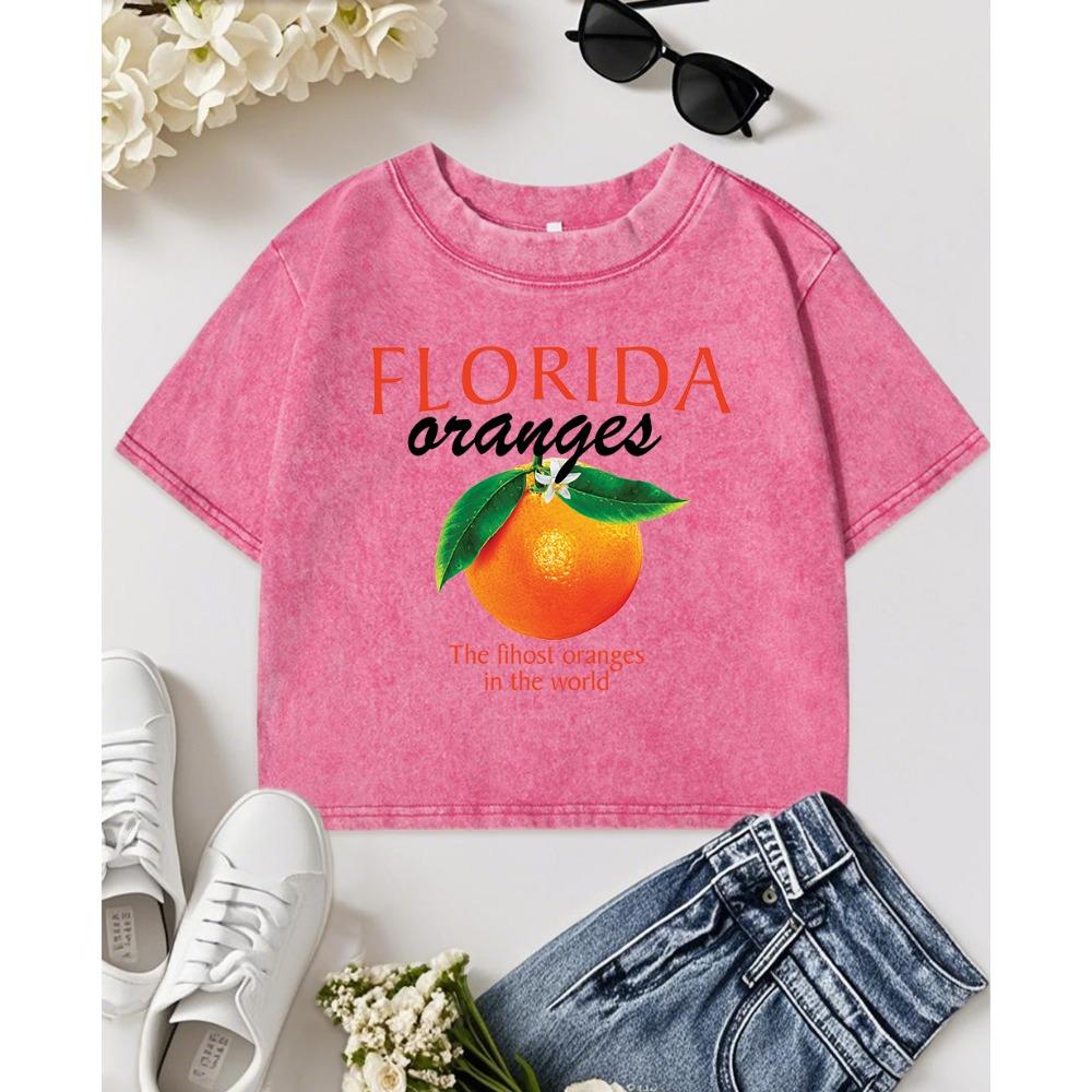 Florida Oranges Fresh Fruit Print Washed Tee Shirt Women Cotton Comfortable T-Shirts Casual Slim Short Sleeve Clothes
