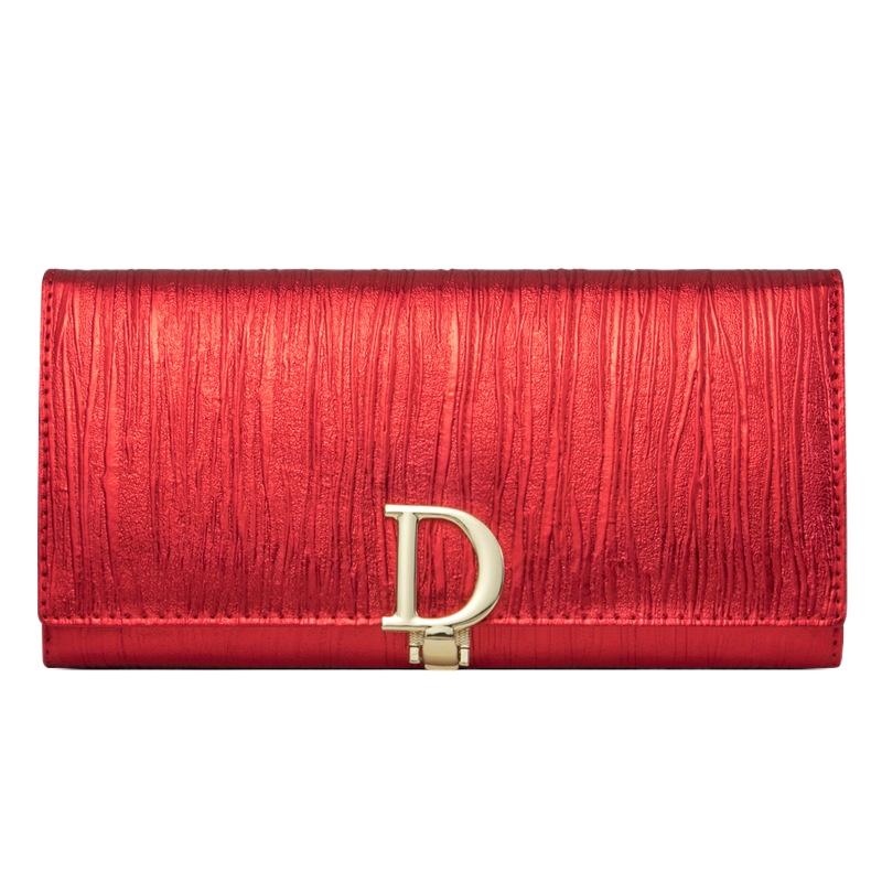 Women Long Wallet Genuine Leather Purse Striped Bifold Cowhide Money Bag Wrist Clutch