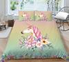Pink Unicorn Flowers Duvet Cover Set King Queen Double Size Polyester Comforter Cover With Pillowcase For Kids Girls Bedding Set