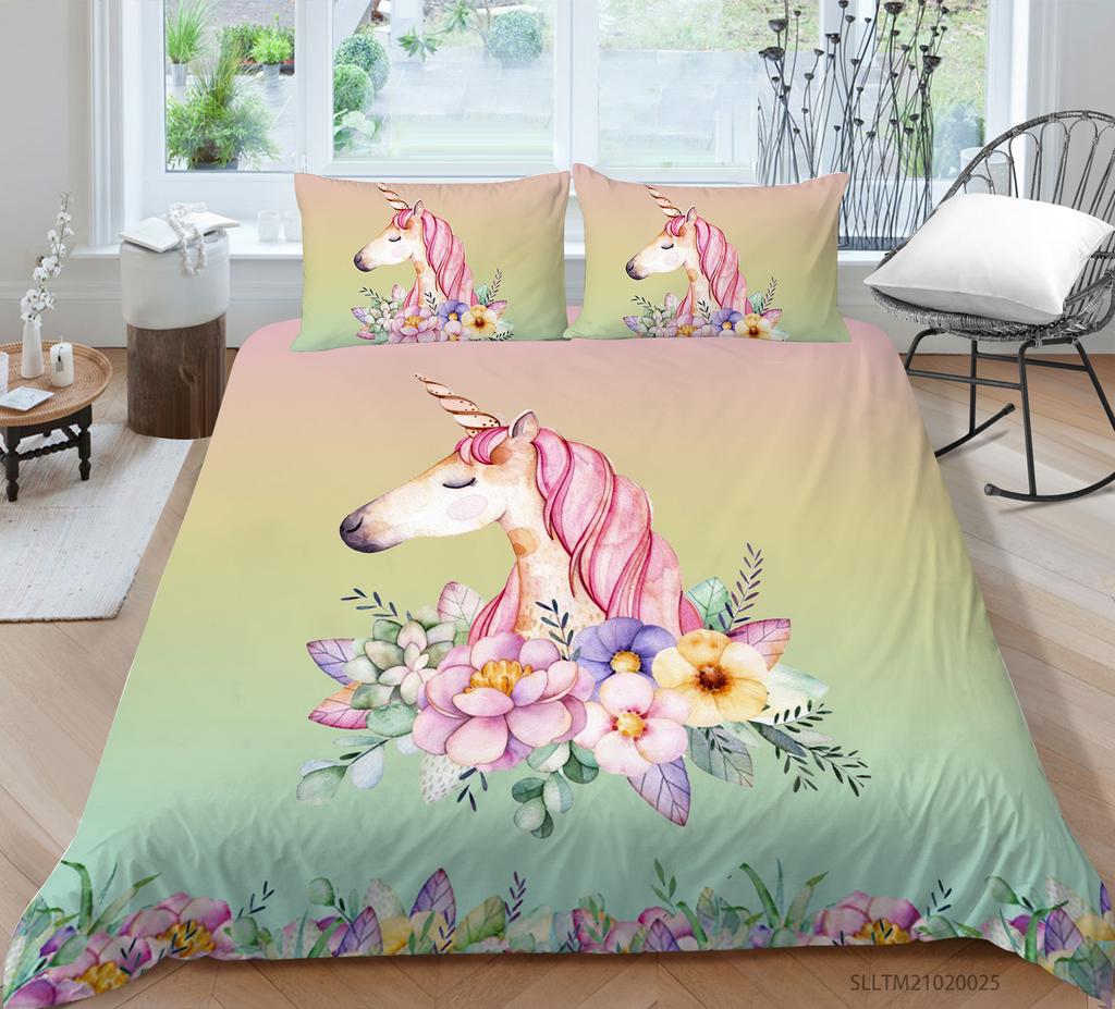 Pink Unicorn Flowers Duvet Cover Set King Queen Double Size Polyester Comforter Cover With Pillowcase For Kids Girls Bedding Set