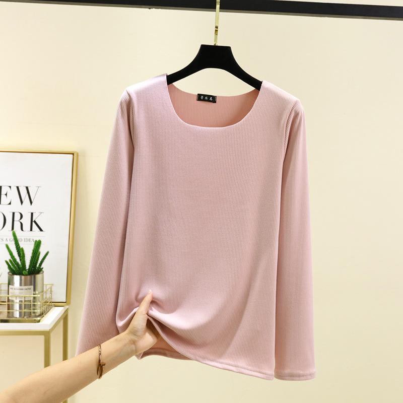Women's Autumn/Winter Plus Size Fleece-Lined Brushed Round Neck Base Layer Top - Solid Color Warm Innerwear