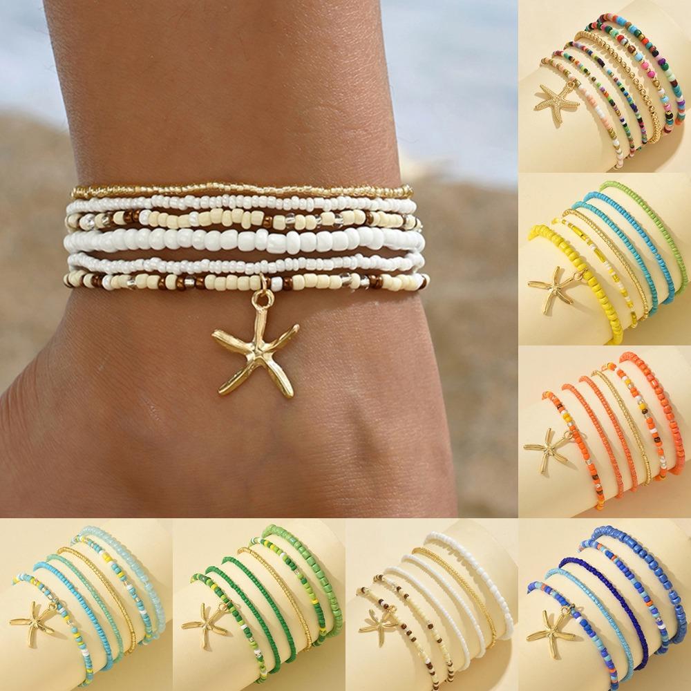 

6pcs Stretch Holiday Starfish Multi-layer Anklet Bohemian Beach Jewelry