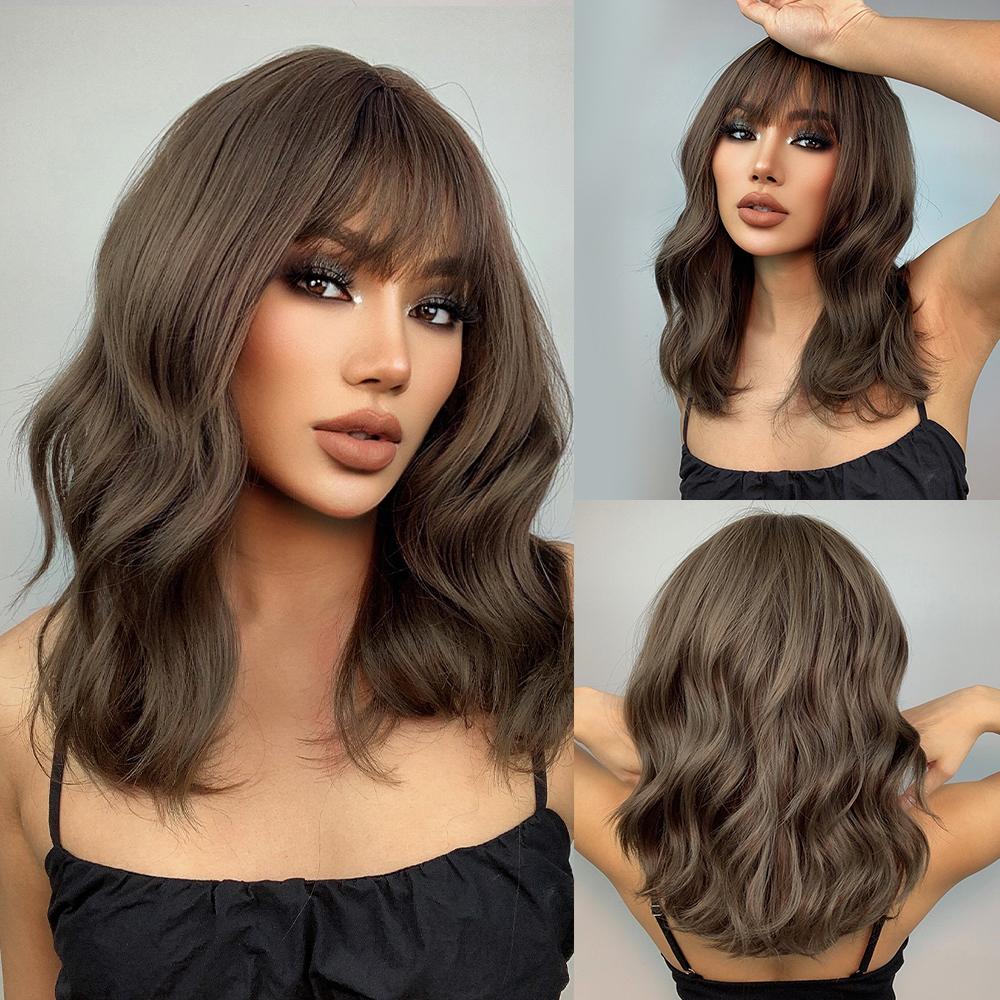 EASIHAIR Light Brown To Platinum Ombre Synthetic Wigs for Women Short Wavy Cosplay Lolita Natural Hair Wig with Bangs Heat Resistant
