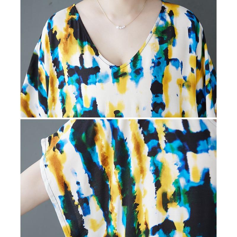 DIMANAF Neues 2025 Damen Sommer Übergröße Kleid Locker Stranddruck Basic Casual Langes Kleid Übergroß