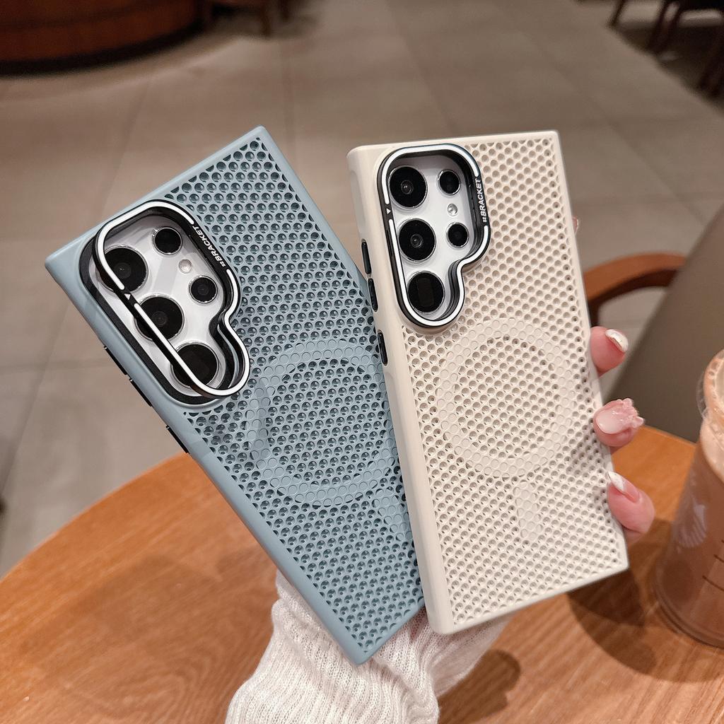 Vhodné pro Samsung S25 Ultra Držák objektivu Magnetické přisávání Pouzdro na telefon Samsung S24 Plástvové chlazení S23 Pocit kůže Protiskluzové