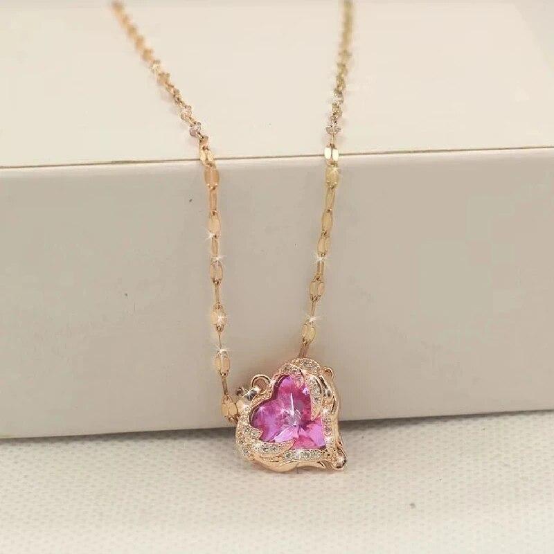 1 Stück Romantisches Paar Glasbesetzter Bronze Zirkon Ozean Herz Anhänger Kombination aus Titanstahlkette