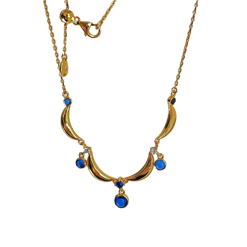 Anenjery Lace Blue Water Droplet Tassel Necklace For Women Retro Sweet High-end Personalized Versatile Collarbone Chain Jewelry Gift