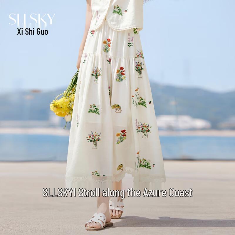 Linen Blend High-Waist Embroidered A-Line Midi Skirt S
