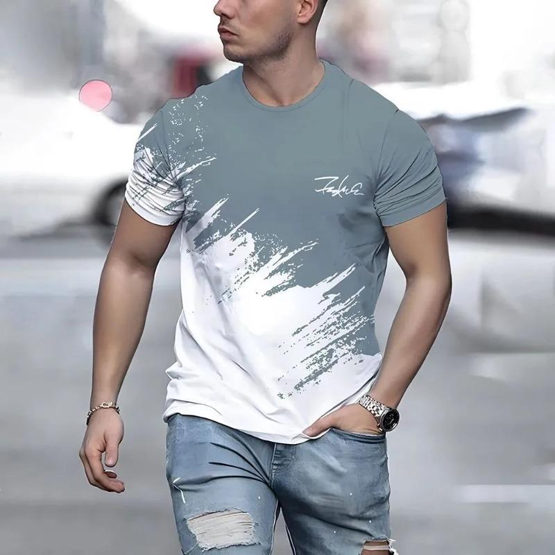 New men's T-shirt casual round neck breathable top fashionable color contrast printed men's T-shirt fun 3D T-shirt street fashio