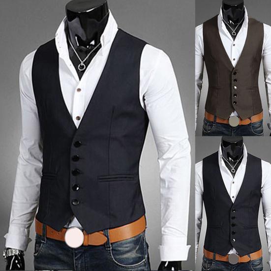Business Men Solid Color V Neck Button Pocket Sleeveless Slim Fit Vest Waistcoat