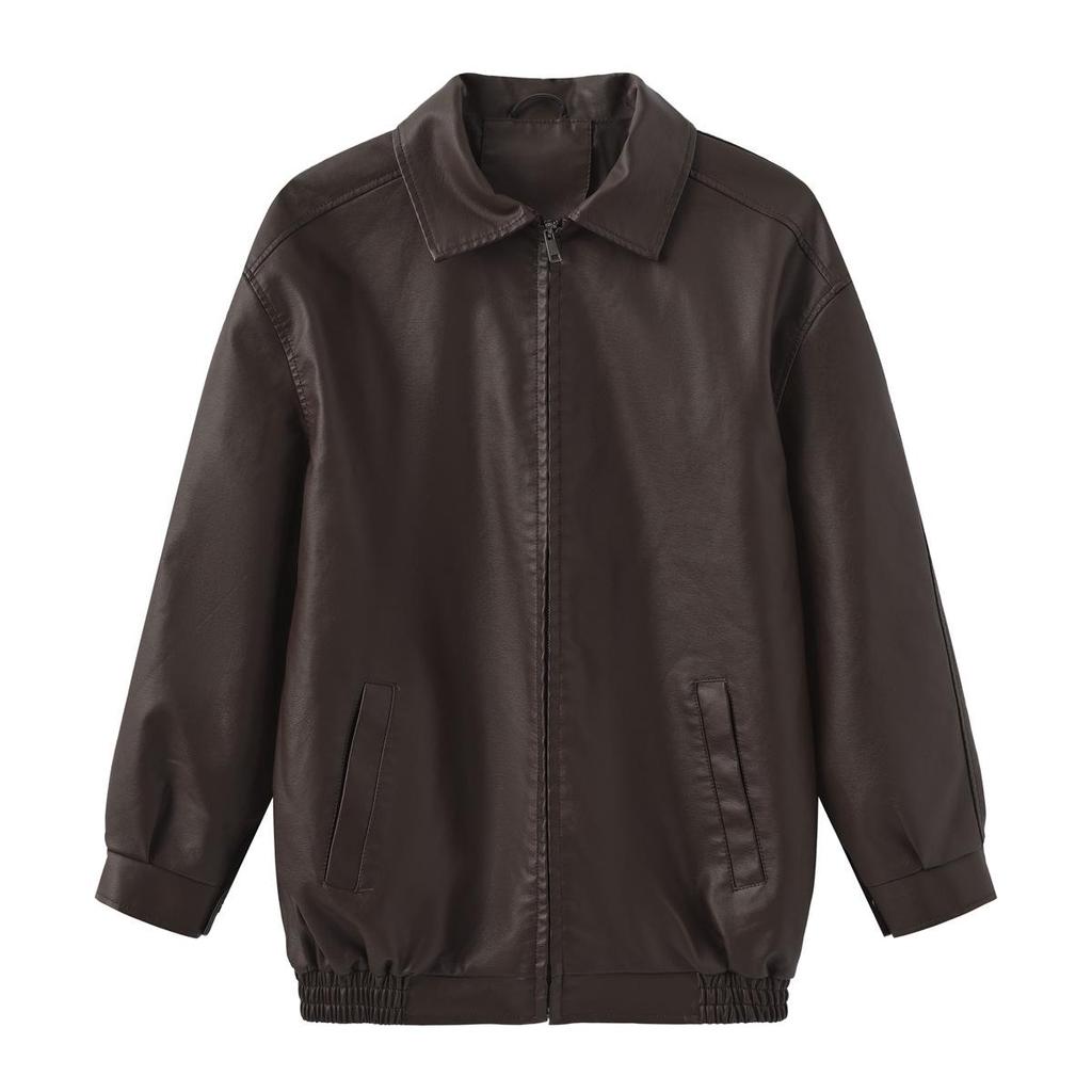 Fall Winter Women Lapel Collar Long Sleeve Slim Fit Zipper Pu Leather Jacket