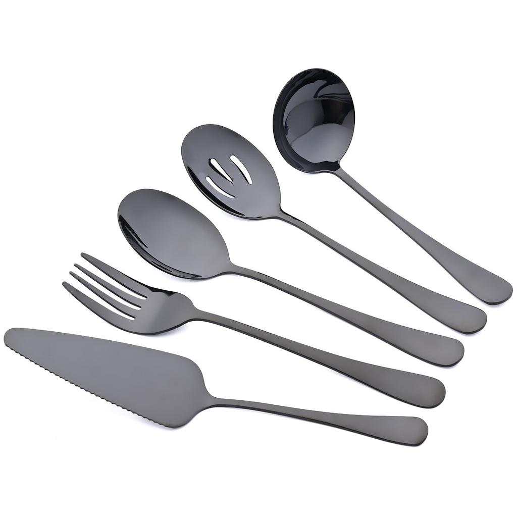 5Pcs Black Dinnerware Set Stainless Steel Cutlery Soup Spoon Colander Spoon Service Spoon Salad Fork Cake Spatula Kitchen Tableware