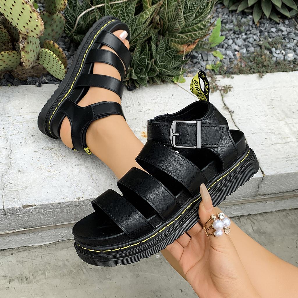 Fashion 2025 Spot Large Summer New Sandals Thick Sole One Line Casual Roman Shoes Women Cross Border Round Head Buckle Sandals