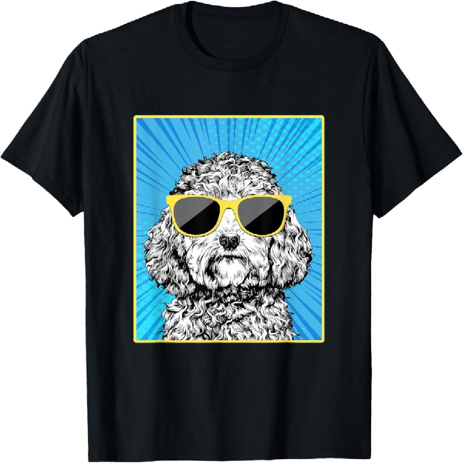 Cockapoo Portrait Pop Art Doodle Dog with Sunglasses T-Shirt for Men Women Kids S