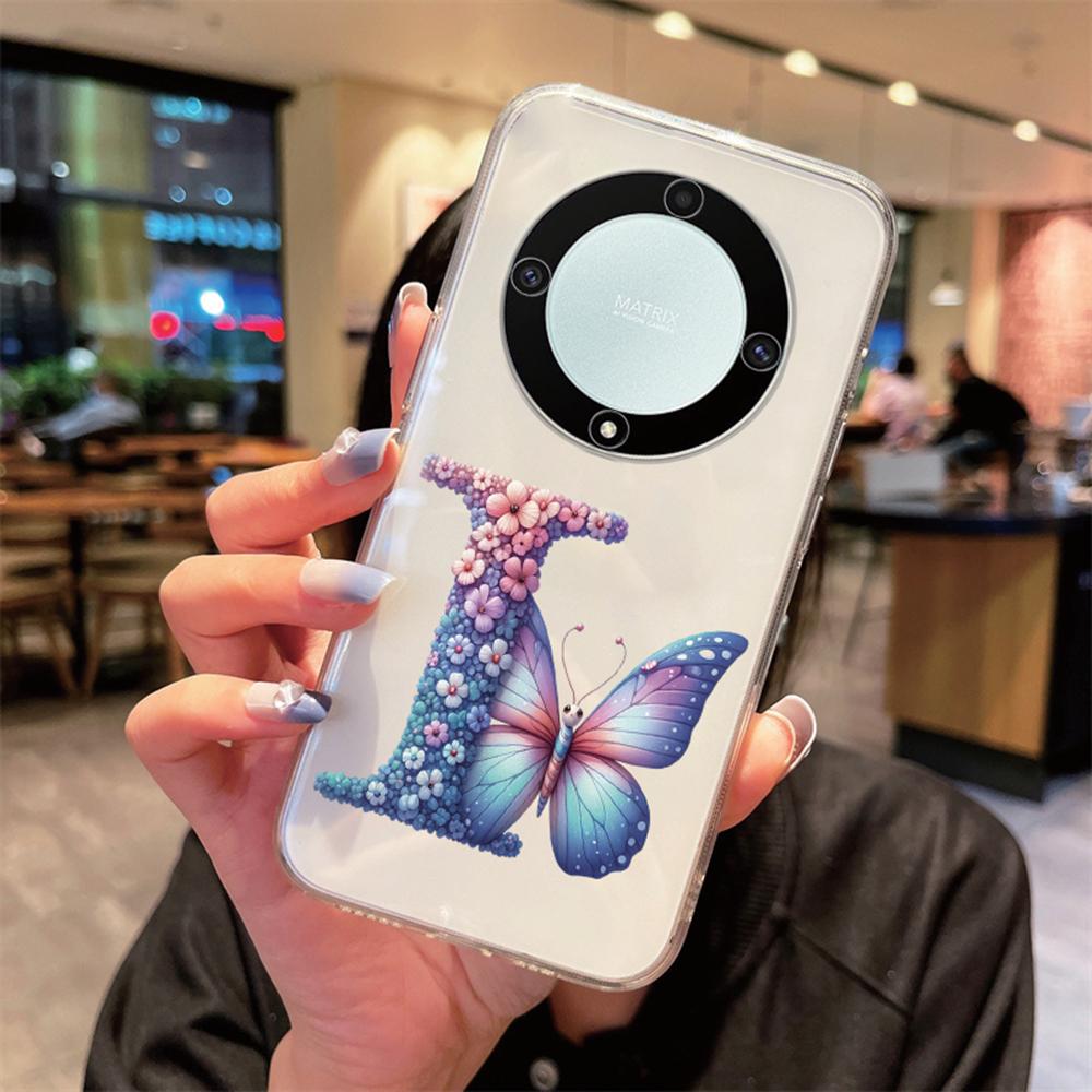 For Honor X9b X9a X9c Magic5 6 7 Lite Blue Butterfly Flower Letters A-Z Transparent Clear Women Phone Case Silicone Bumper Cover