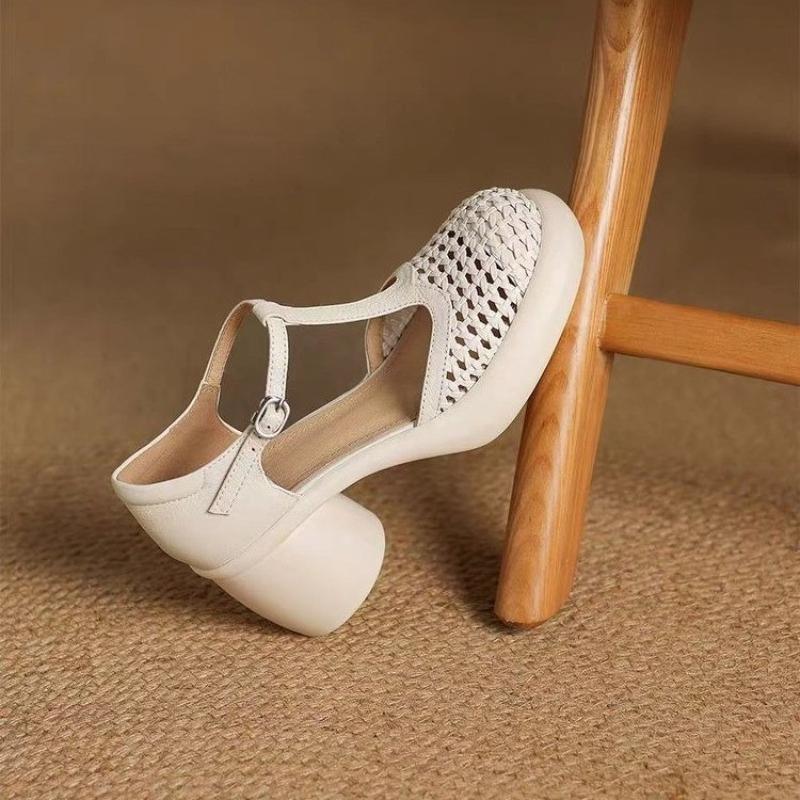 Woven Bag Heel Hollow Cutout Roman Shoes Summer New High Heel Block Heel Versatile Vintage Baotou Sandals Women