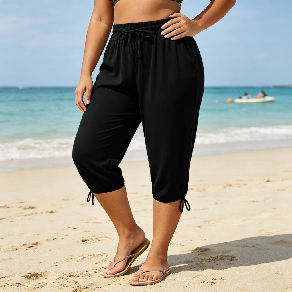 Damen Plus Size Farbe Kordelzug Elastischer Bund Lässige Weite Hosen für den Sommer