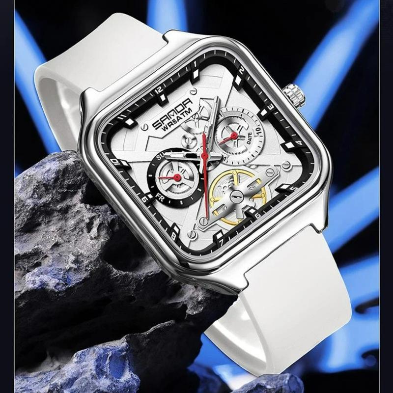 Luxury Men's Quartz Watch Fashion Square Case Week Date Display Waterproof with Silicone/Mesh Band Casual Wristwatch for Men