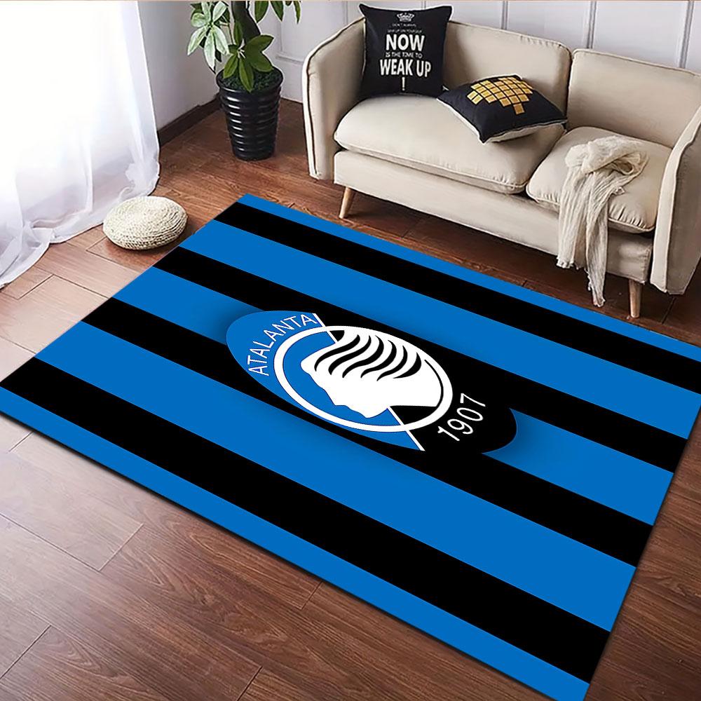 Atalanta Logo on Blue-Black Stripes Patterned carpet, suitable as a non slip play mat for the living room and bedroom sofa