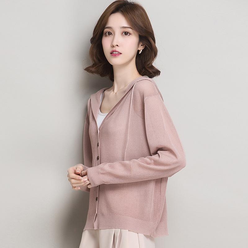 Ice Silk Knitted Cardigan Women's Coat Hooded Lace Up Sun Protection Jacket Shawl Spring and Summer Thin Style Solid Color Loose Fit