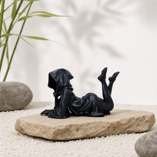 Stable Base Figurine Hooded Laying Lady Reaper Figurine, 3D Printed Gothic Dark Fantasy Sculpture, Soft Decoration Sculpture Black Robed Women